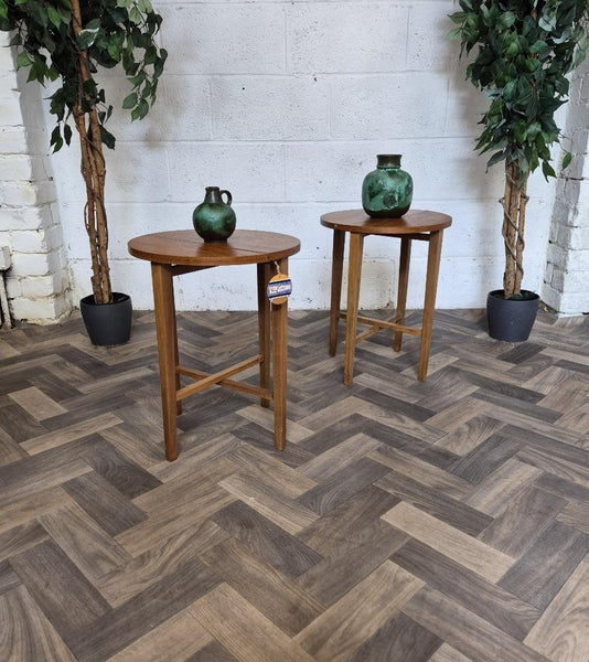 Pair Of Vintage 1960's Teak Round Tables Bedside Dropleaf Mid-Century Retro