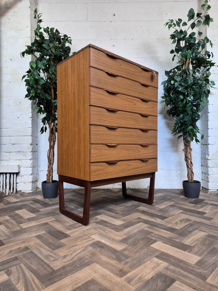 Vintage Mid-Century Europa Teak Tallboy Chest Of 7 Drawers Scandi Retro MCM