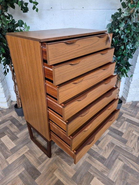 Vintage Mid-Century Europa Teak Tallboy Chest Of 7 Drawers Scandi Retro MCM