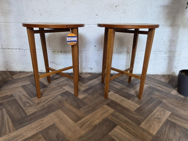 Pair Of Vintage 1960's Teak Round Tables Bedside Dropleaf Mid-Century Retro