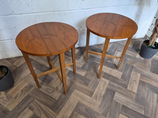 Pair Of Vintage 1960's Teak Round Tables Bedside Dropleaf Mid-Century Retro