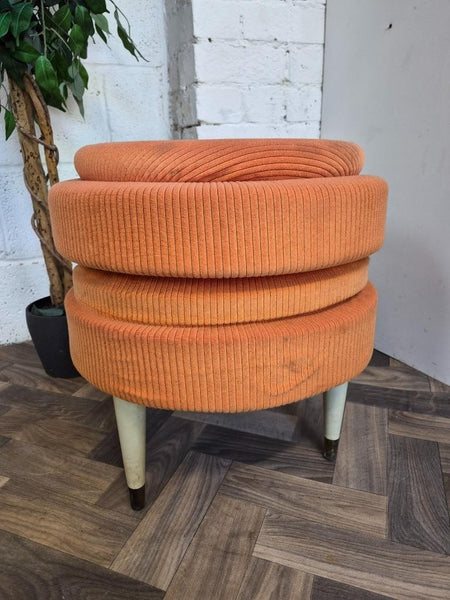 Vintage Mid-Century 70's Orange Round Storage Pouffe Stool Ottoman Retro