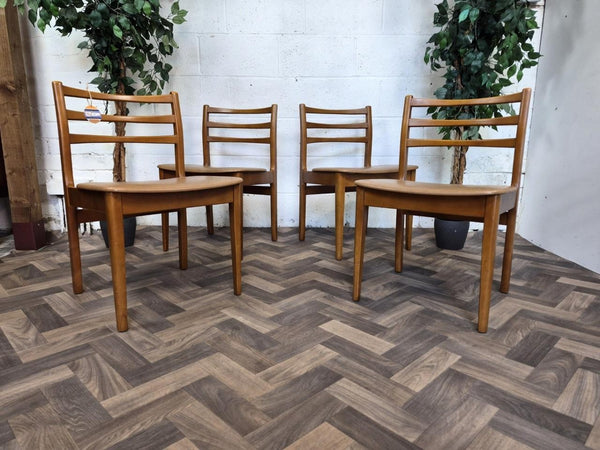 Set Of 4 Vintage Mid-Century Teak & Brown Vinyl Dining Chairs Scandi Retro MCM