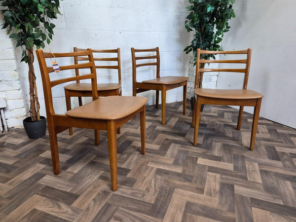 Set Of 4 Vintage Mid-Century Teak & Brown Vinyl Dining Chairs Scandi Retro MCM