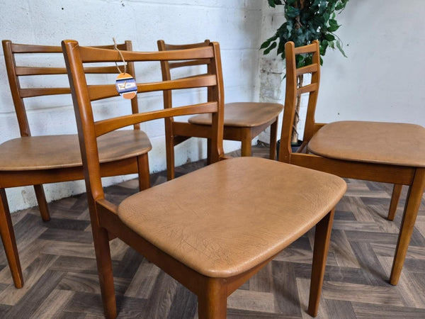 Set Of 4 Vintage Mid-Century Teak & Brown Vinyl Dining Chairs Scandi Retro MCM