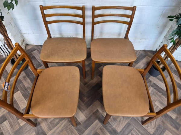 Set Of 4 Vintage Mid-Century Teak & Brown Vinyl Dining Chairs Scandi Retro MCM