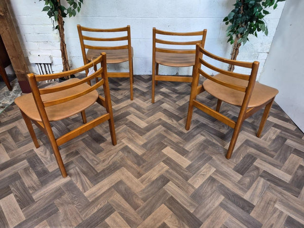 Set Of 4 Vintage Mid-Century Teak & Brown Vinyl Dining Chairs Scandi Retro MCM