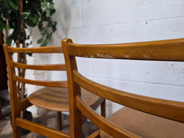 Set Of 4 Vintage Mid-Century Teak & Brown Vinyl Dining Chairs Scandi Retro MCM