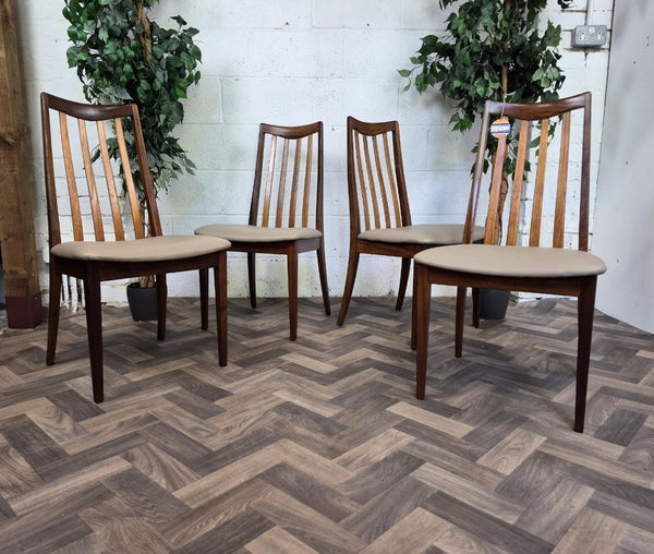 Set Of 4 Vintage Mid-Century G Plan Fresco Teak & Beige Vinyl Dining Chairs
