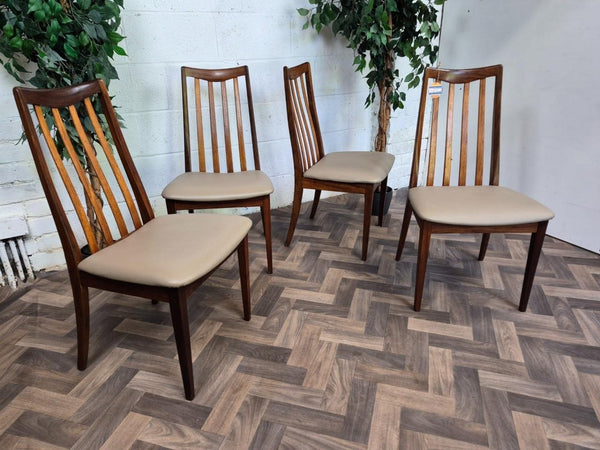 Set Of 4 Vintage Mid-Century G Plan Fresco Teak & Beige Vinyl Dining Chairs