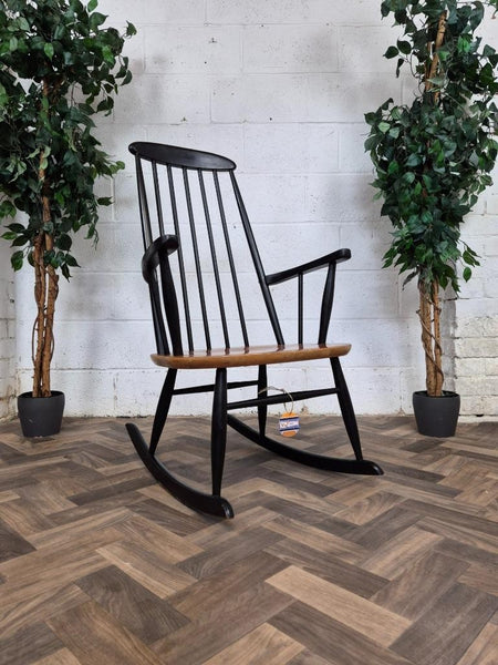 Vintage Mid-Century Ilmari Tapiovaara Asko Teak & Black Rocking Chair Retro MCM