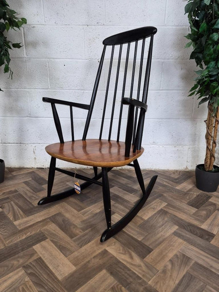 Vintage Mid-Century Ilmari Tapiovaara Asko Teak & Black Rocking Chair Retro MCM