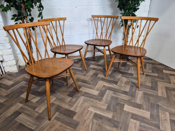 Set Of 4 Vintage Mid-Century Ercol Candlestick Dining Chairs Model 376 Blonde
