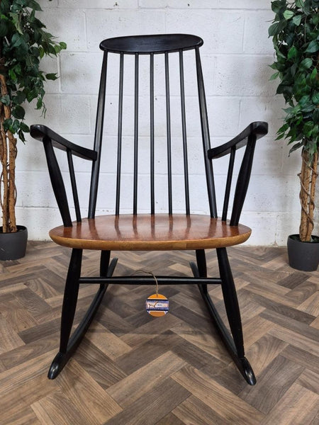Vintage Mid-Century Ilmari Tapiovaara Asko Teak & Black Rocking Chair Retro MCM
