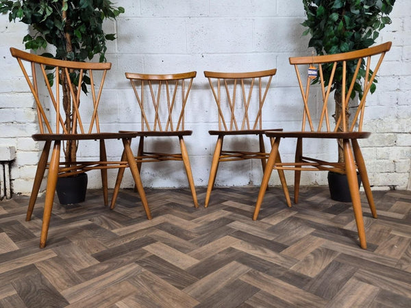Set Of 4 Vintage Mid-Century Ercol Candlestick Dining Chairs Model 376 Blonde