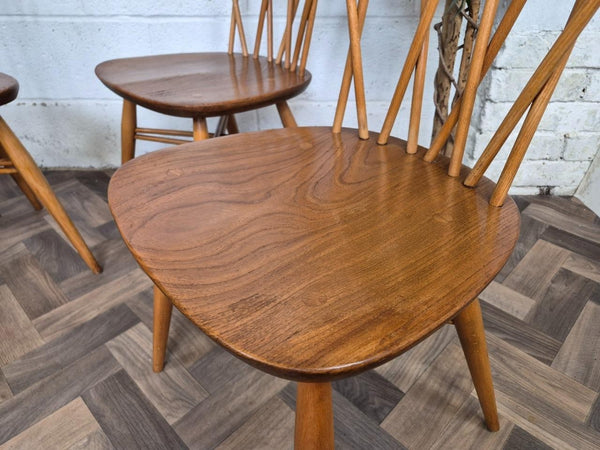 Set Of 4 Vintage Mid-Century Ercol Candlestick Dining Chairs Model 376 Blonde