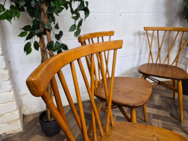 Set Of 4 Vintage Mid-Century Ercol Candlestick Dining Chairs Model 376 Blonde