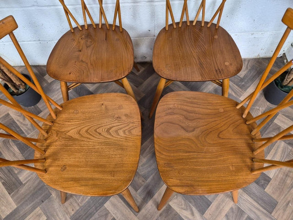 Set Of 4 Vintage Mid-Century Ercol Candlestick Dining Chairs Model 376 Blonde