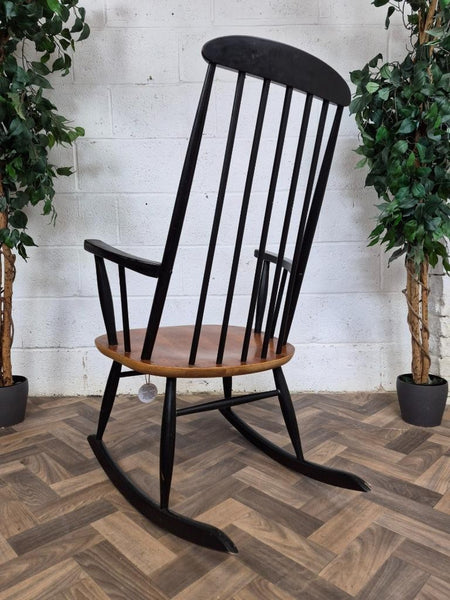 Vintage Mid-Century Ilmari Tapiovaara Asko Teak & Black Rocking Chair Retro MCM
