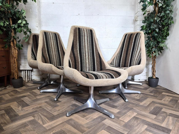 Set Of 6 Vintage Mid-Century Space Age Brown Stripe Tweed & Chrome Swivel Chairs