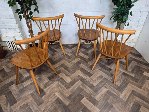 Set Of 4 Vintage Mid-Century Ercol Candlestick Dining Chairs Model 376 Blonde