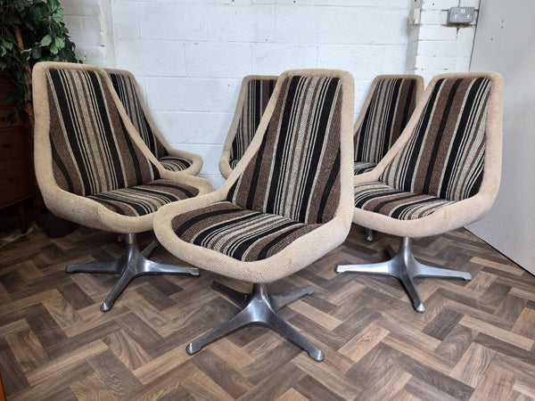 Set Of 6 Vintage Mid-Century Space Age Brown Stripe Tweed & Chrome Swivel Chairs