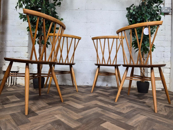 Set Of 4 Vintage Mid-Century Ercol Candlestick Dining Chairs Model 376 Blonde