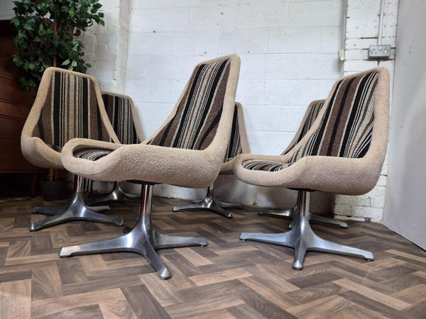 Set Of 6 Vintage Mid-Century Space Age Brown Stripe Tweed & Chrome Swivel Chairs