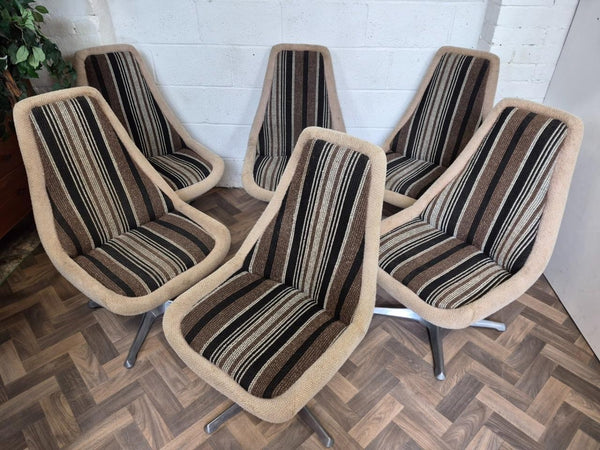 Set Of 6 Vintage Mid-Century Space Age Brown Stripe Tweed & Chrome Swivel Chairs