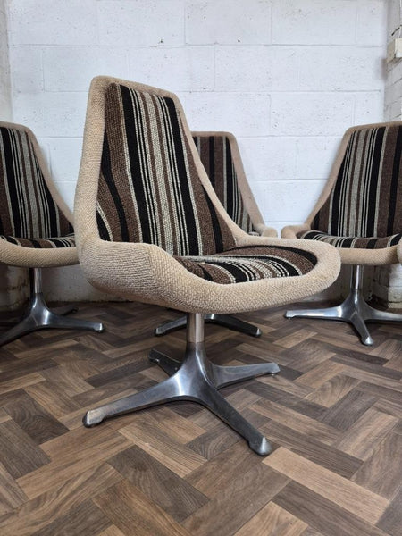 Set Of 6 Vintage Mid-Century Space Age Brown Stripe Tweed & Chrome Swivel Chairs