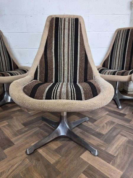 Set Of 6 Vintage Mid-Century Space Age Brown Stripe Tweed & Chrome Swivel Chairs