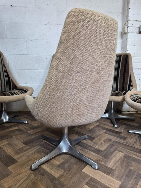 Set Of 6 Vintage Mid-Century Space Age Brown Stripe Tweed & Chrome Swivel Chairs