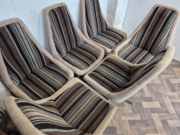 Set Of 6 Vintage Mid-Century Space Age Brown Stripe Tweed & Chrome Swivel Chairs