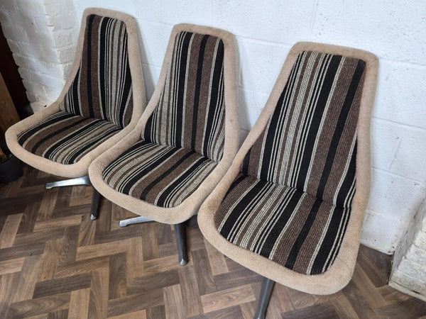 Set Of 6 Vintage Mid-Century Space Age Brown Stripe Tweed & Chrome Swivel Chairs