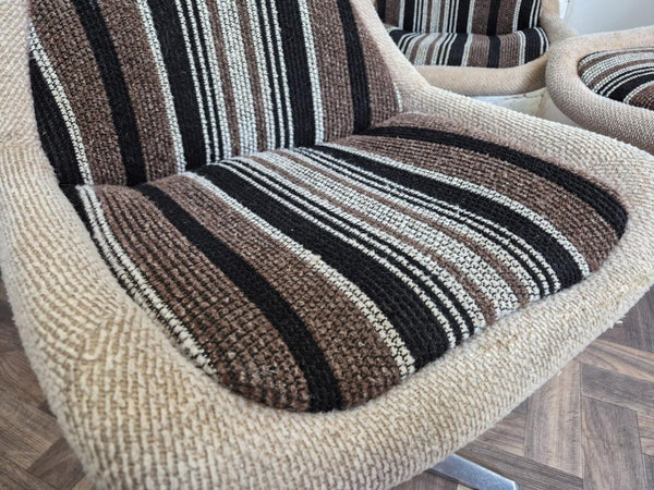 Set Of 6 Vintage Mid-Century Space Age Brown Stripe Tweed & Chrome Swivel Chairs