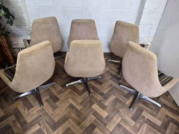 Set Of 6 Vintage Mid-Century Space Age Brown Stripe Tweed & Chrome Swivel Chairs