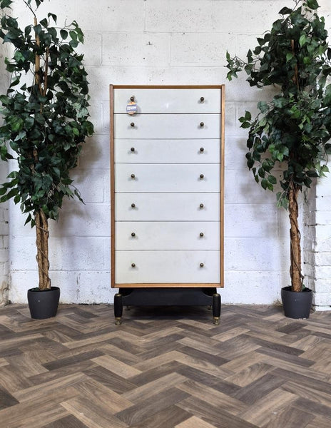 Vintage Mid-Century G Plan Oak & White Tallboy Chest Of 7 Drawers Scandi Retro