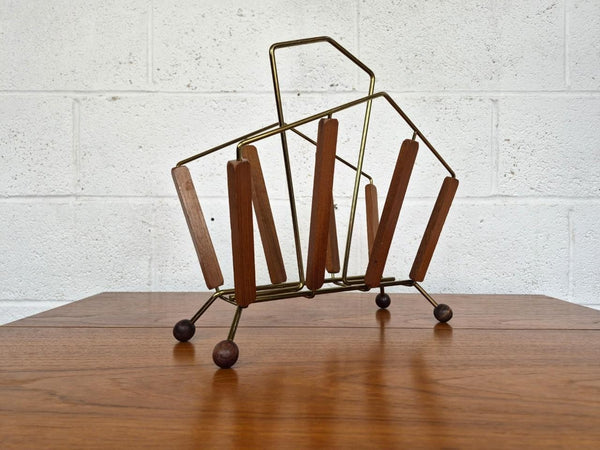 Vintage Mid-Century Magazine Rack Teak & Brass 1960's Atomic Sputnik MCM