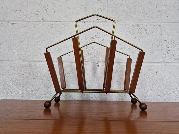 Vintage Mid-Century Magazine Rack Teak & Brass 1960's Atomic Sputnik MCM