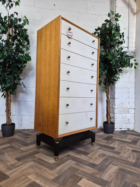Vintage Mid-Century G Plan Oak & White Tallboy Chest Of 7 Drawers Scandi Retro