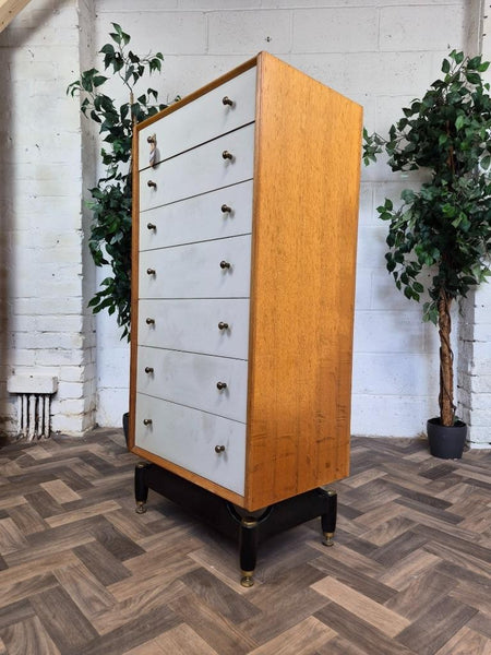 Vintage Mid-Century G Plan Oak & White Tallboy Chest Of 7 Drawers Scandi Retro