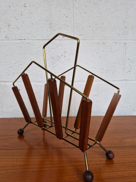 Vintage Mid-Century Magazine Rack Teak & Brass 1960's Atomic Sputnik MCM