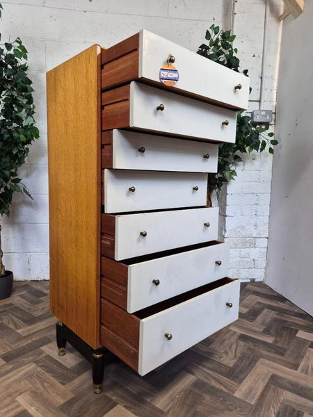 Vintage Mid-Century G Plan Oak & White Tallboy Chest Of 7 Drawers Scandi Retro