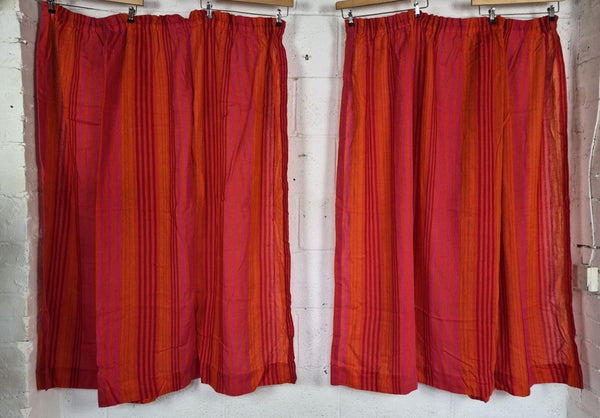 Vintage Mid-Century Pair Of Curtains Pink & Orange Stripe Tweed Retro L135cm