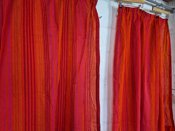 Vintage Mid-Century Pair Of Curtains Pink & Orange Stripe Tweed Retro L135cm