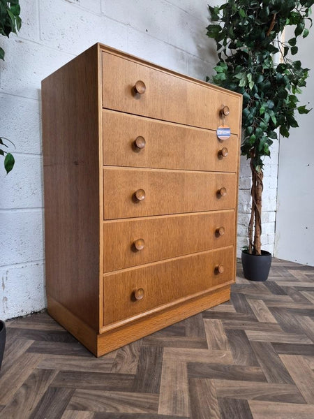 Vintage Mid-Century Meredew Blonde Oak 5 Drawer Chest Tallboy Scandi Retro