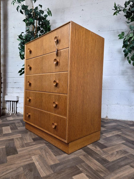 Vintage Mid-Century Meredew Blonde Oak 5 Drawer Chest Tallboy Scandi Retro