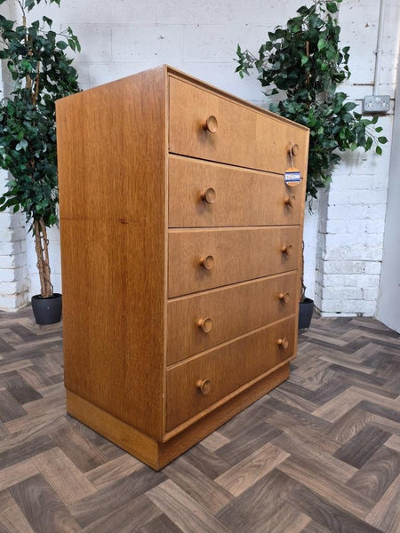 Vintage Mid-Century Meredew Blonde Oak 5 Drawer Chest Tallboy Scandi Retro