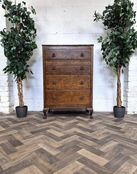 Antique 1920's Oak Chest Of 4 Drawers Gothic Handles Vintage