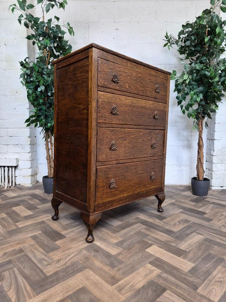 Antique 1920's Oak Chest Of 4 Drawers Gothic Handles Vintage